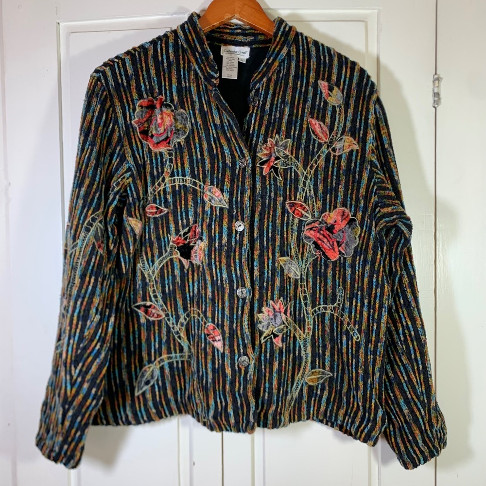 Coldwater Creek Womens XL Embroidered Floral Chenille Stripe Jacket Mock Neck
